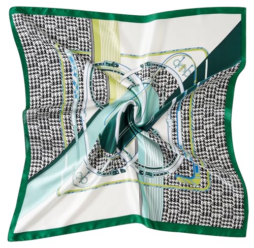 CHUNG Women's Scarf Hair Bandanas Square 27.5" Satin Wrap Fashion Pattern Scarves Emulation Silk Handbag Ribbons Necktie - color: Green Stripe-71#