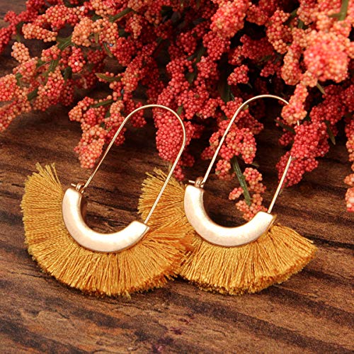 Bohemian Silky Thread Tassel Strand Fringe Statement Hoop Earrings - Lightweight Semi Circle Fan Threader, Mermaid Hoops - color: Fan Tassel Threader - Mustard