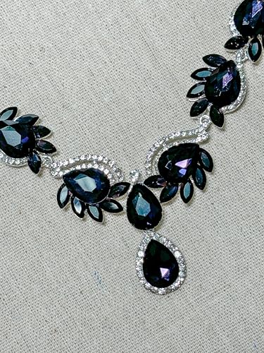 Women Jewelry Set Rhinestone Crystal Bride Statement Choker Necklace Teardrop Cluster Dangle Earrings Set for Wedding Prom Party - color: Violet