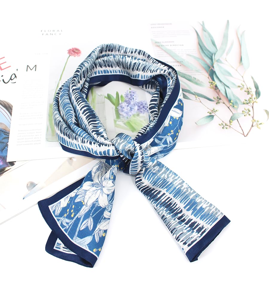 ANDANTINO 100% Silk Scarf for Women 59”*6.3” Long Shawls for Headscarf and Neck- Oblong Hair Wraps with Gift Packed - color: Blue&white Lilies