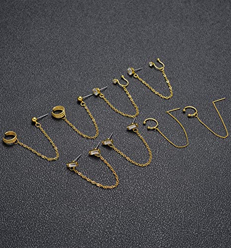 Tornito 6-12Pcs Cuff Earring Chain Leaf Snowflake Star Butterfly with CZ Crawler Climber Earring Studs Drop Dangling Chain Wrap Tassel Earring for Women Men 20G Silver Gold Tone - color: E:Gold Tone