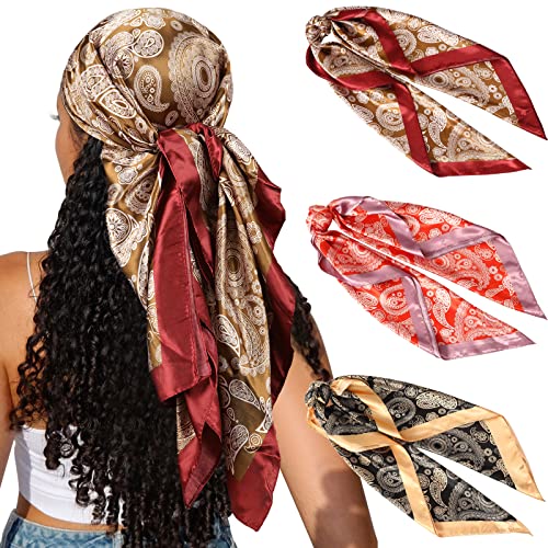 CHLINS 35" Satin Square Hair Scarf Bandanas - 3Pcs Large Silk Head Scarves Lightweight Sleeping Hair Wraps for Women - color: Brown+black+orange