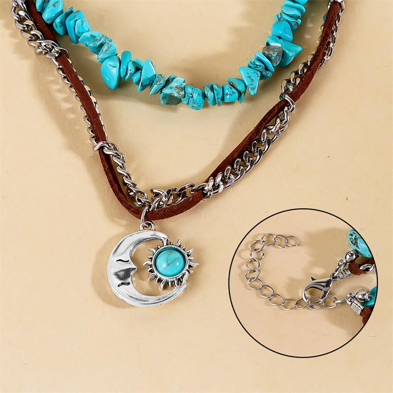 Pingyongchang Boho Layered Western Turquoise Necklaces for Women Vintage Stone Beaded Chokers Butterfly Catus Chain Country Concert Cowgirl Cowboy Jewelry Holiday Gifts - style: C Moon 2