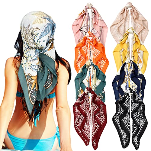 Zhanmai 8 Pcs 27.5 x 27.5 Inch Silk Bandana Square Satin Head Scarves Women Hair Scarves Hair Wrap Neck Scarf for Sleeping - color: Multicolor, style: Fresh