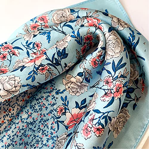 Aufeel Women's 100% Pure Mulberry Silk Small Square Scarf - Neckerchief Women - Silk Headscarf - 21" x 21" - color: Blue + White Floral