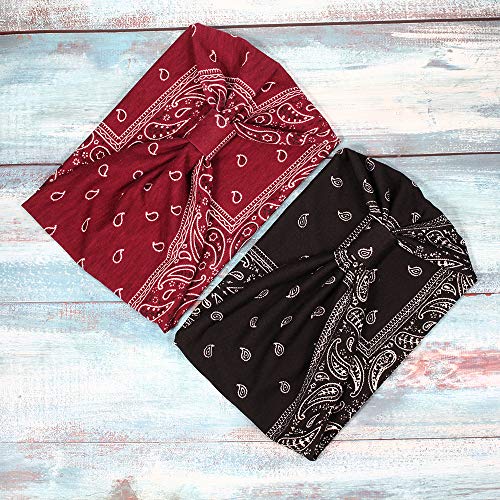Assorted Paisley Print Wide Bandana Knot Headbands Criss Cross Head Wrap Hair Band (4 Colors Pack C) - color: 4 Colors Pack C
