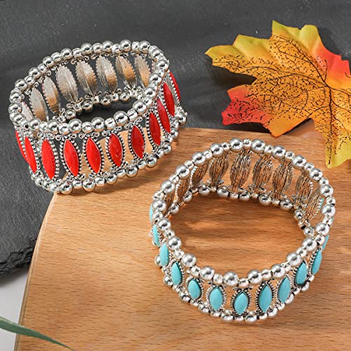 COLORFUL BLING Bohemian Simulated Turquoise Stretch Bangle Bracelet for Women Adjustable Ethnic Natural Stone Statement Wide Wrap Bracelet Boho Jewelry - color: long red