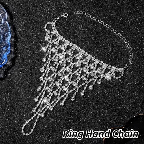 Chain Ring Bracelet Rhinestone Hand Chain Bracelet Silver Fingerless Gloves Jewelry Silver Metallic Glove Sparkle Wedding Hand Chains, Masquerade Glove Rhinestone Bracelets for Women