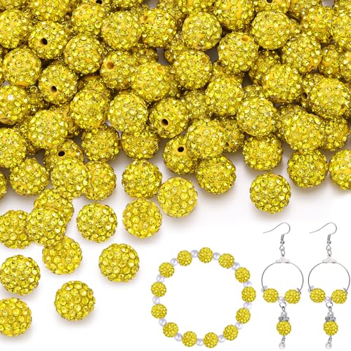 100 pcs 10mm Rhinestone Beads for Jewelry Making, Yellow Shiny Round Shamballa Disco Beads Bulk, Sparkle Crystal Clay Christmas for Bracelet Baseball Necklace Earring Crafting and DIY - color: Citrine, size: 10mm/100pcs