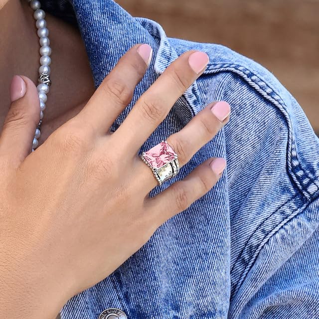 JEAN RACHEL JEWELRY 925 Sterling Silver Ring - Hammered Vintage Design with Octagon Shaped Cubic Zirconia - Hypoallergenic, Lead & Nickel Free - Artisan Handcrafted Statement Rings for Women - color: Pink CZ