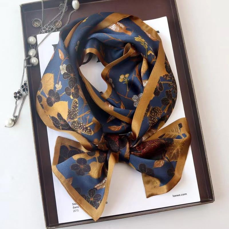 ANDANTINO 100% Silk Scarf for Women 59”*6.3” Long Shawls for Headscarf and Neck- Oblong Hair Wraps with Gift Packed - color: Navy-flower&birds