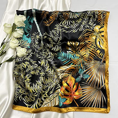 Julunar Silk Like Head Scarf for Women - Satin Large Hair Scarves - 35" Square Silk Hair Wrap for Sleeping with Gift Packed - color: A000-1 Leaves Orange