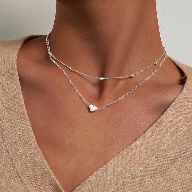 Aluinn Cute Heart Silver Choker Necklace for Women 18K Silver Layered Love Pendant Necklace Dainty Small Silver Necklace Gift Stocking Stuffers for Women Everyday Wear