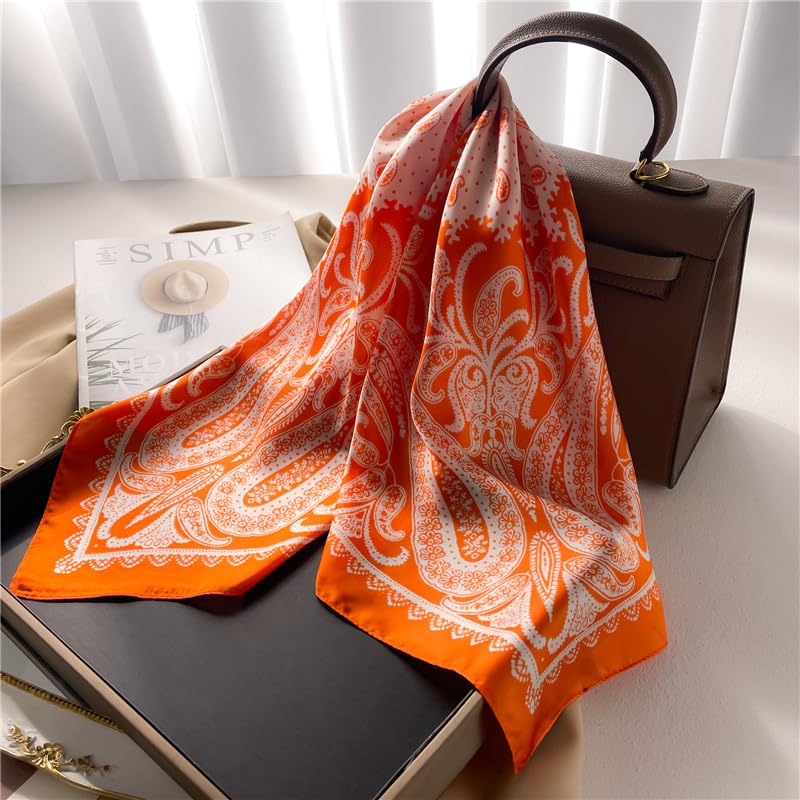 CHUNG Women's Scarf Hair Bandanas Square 27.5" Satin Wrap Fashion Pattern Scarves Emulation Silk Handbag Ribbons Necktie - color: Orange Paisley