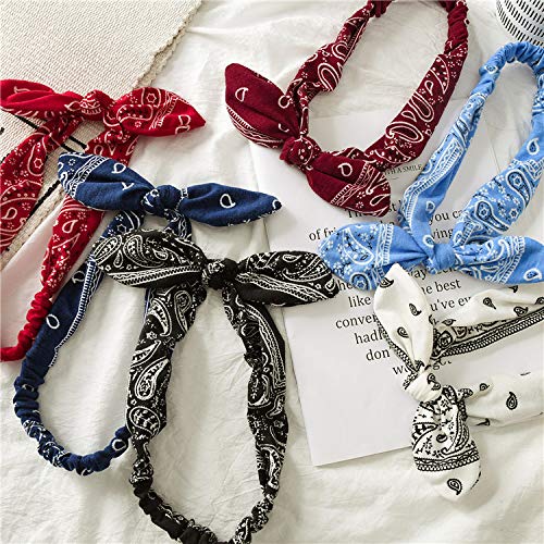 Hairband 6 Pack - Elastic Paisley Bandana Headwraps with Rabbit Ear Bow, Cotton Spandex Stretchy Headbands for Women, Hair Accessory for Hair Styling, Yoga, Jogging - 6 Colors - color: 6 Colors Rabbit Ear Headwraps