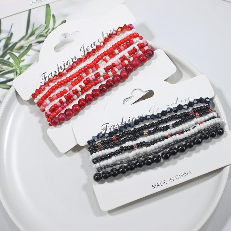 Pingyongchang Boho Colorful Beads Stackable Bracelets Set for Women Handmade Multicolor Seed Crystal Layered Stretch Bracelets Retro Country Holiday Beach Trendy Jewelry Gifts - color: Red