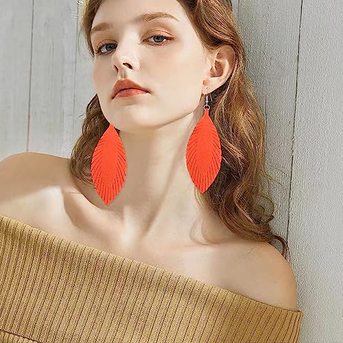 Large Genuine Soft leaf Leather Handmade Fringe Tassel Feather Lightweight Tear Drop Dangle Color Earrings for Women - color: Orange