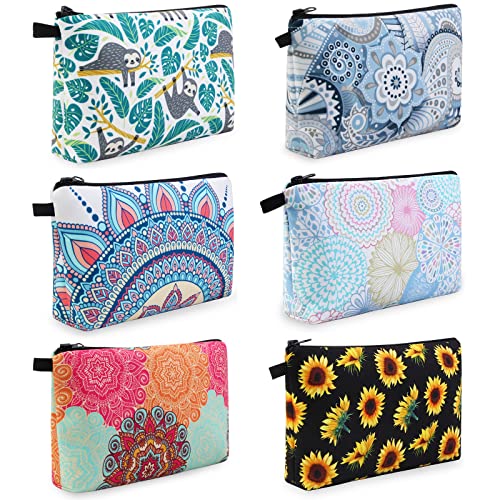 MAGEFY Makeup Bag 6 Styles Portable Travel Cosmetic Bag for Women Flower Patterns Zipper Pouch Sloth Gifts Makeup Pouch with Black Zipper (6 packs) - color: 6 packs
