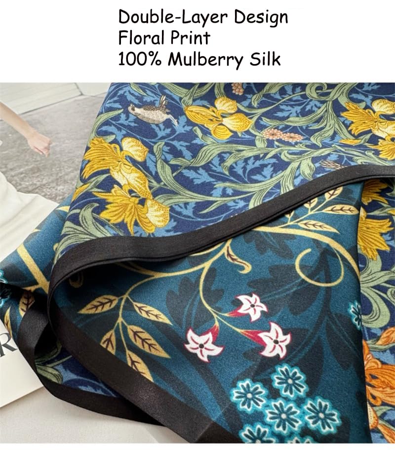 ANDANTINO 100% Silk Scarf for Women 59”*6.3” Long Shawls for Headscarf and Neck- Oblong Hair Wraps with Gift Packed - color: Floral-navy Blue