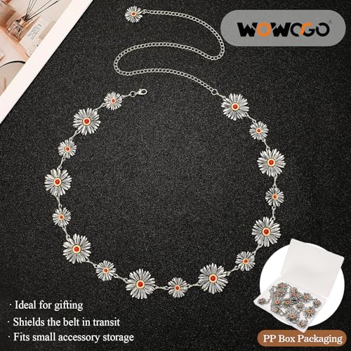 Western Turquoise Chain Belt for Women with Daisy Pattern Cowgirl Concho Metal Waist Belt for Boho Country - color: 3-silver(red Stone), size: Fit for Mid Waist up to 35"