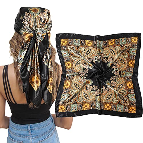 AWAYTR Satin Silk Scarf - Large Hair Bandana, Sleeping Wrap for Women - color: Cashew(black)