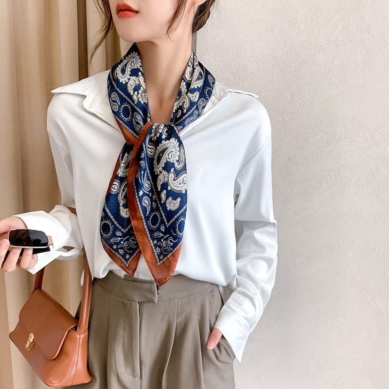 MINIDORA Satin Scarves for Women 27.5 × 27.5 inches Medium Square Elegant Silk Feeling Head Scarf - color: B007-navy Blue