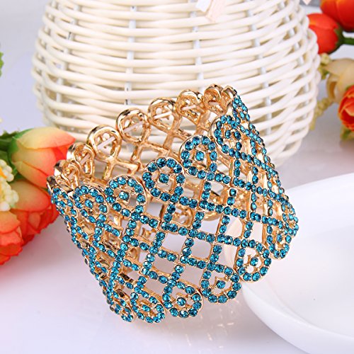 EVER FAITH Art Deco Love Knot Wide Stretch Bridal Bracelet Austrian Crystal - color: Sea Blue Gold-Tone