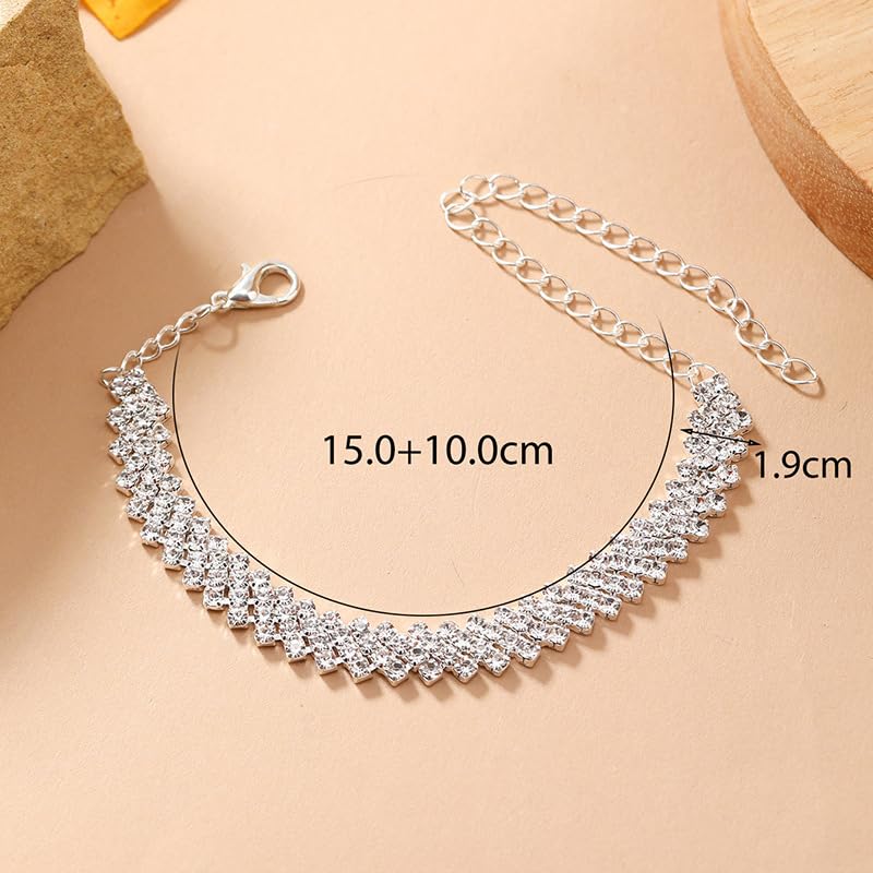 KaFu Heart Rhinestone Ankle Bracelets for Women, Adjustable Silver Shiny Tennis Anklets, Twinkle Cubic Zircon Diamond Anklet Foot Chain Beach Summer Jewelry Gifts - color: silver-3