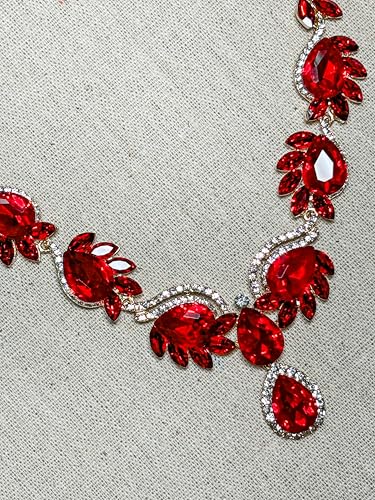 Women Jewelry Set Rhinestone Crystal Bride Statement Choker Necklace Teardrop Cluster Dangle Earrings Set for Wedding Prom Party - color: redness