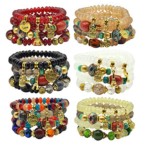 Bohemian Bracelet Sets for Women - 6 Sets Stackable Stretch Bracelets Multi-color Boho Jewelry for Women Hippie Bracelets Dainty Jewelry - color: Owl charm stretch bracelet set