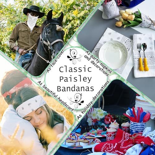 ILHSTY 60 Pcs Women Men Paisley Bandanas Bulk Unisex Bandanas Head Cowboy Scarf Necktie handkerchief Party Supplies - color: White