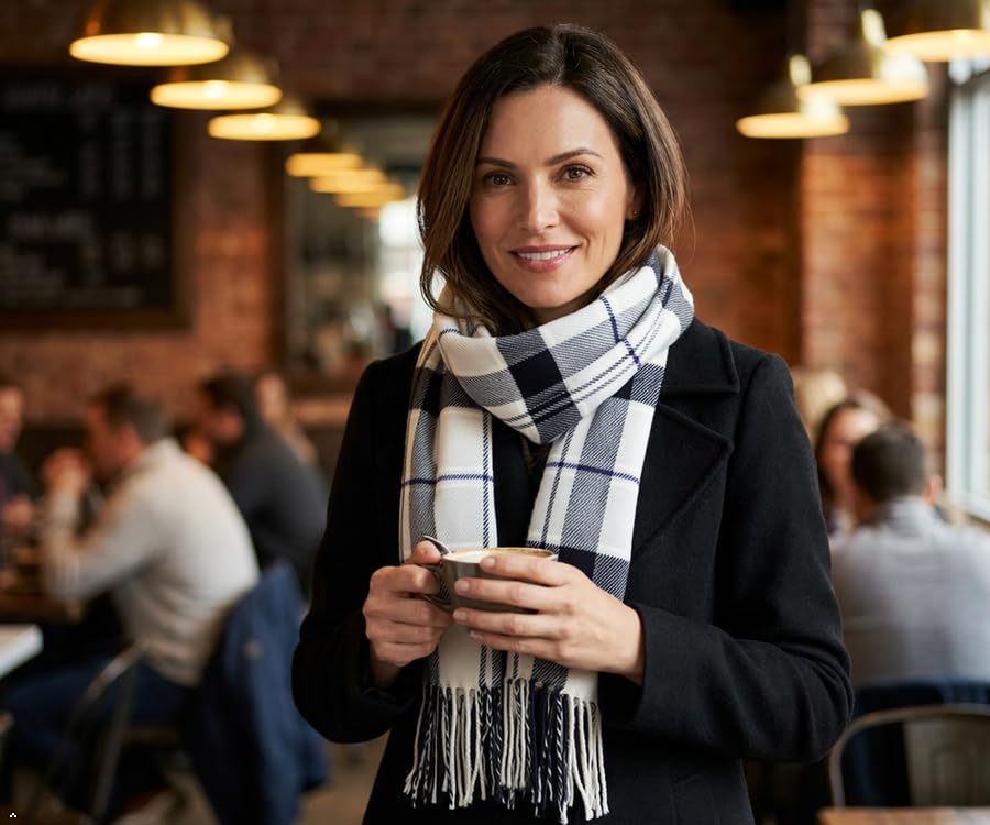 VERONZ Super Soft Classic Cashmere Feel Winter Scarf - color: White Black Plaid