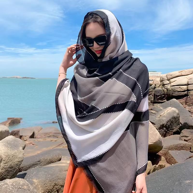 WaJuemy Travel Boho Scarf for Women Casual Lightweight Pashmina Scarves Fashion Multicolor Shawl Wraps with Fringed Beads - color: 04 Black/Grey