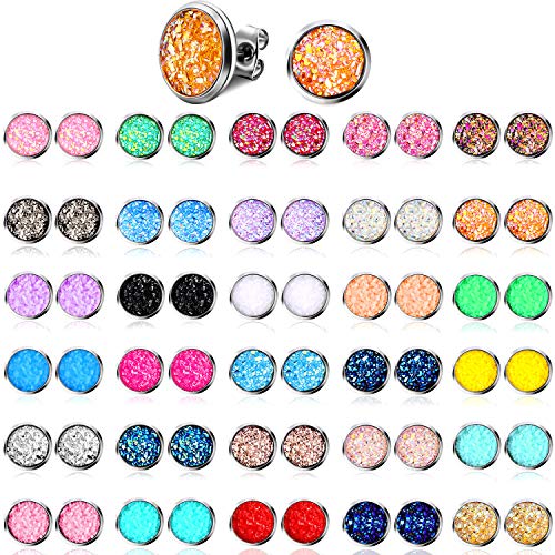 Hicarer 32 Pairs Round Druzy Stud Earrings Bohemian Round Stud Stainless Steel Pierced Earrings Jewelry for Women Graduation Gift - size: 6 mm