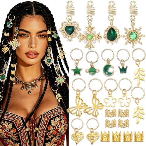 36PCS Hair Jewelry Green Crystal Loc Charms Butterfly Braids Clips Heart Dreadlock Hair Pendant Gold Hair Cuffs Rings Metal Braids Accessories - color: Green