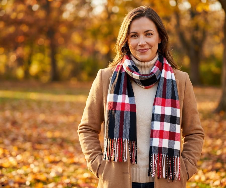 VERONZ Super Soft Classic Cashmere Feel Winter Scarf - color: Black Red Plaid