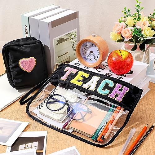 Hillban 2 Pcs Teacher Appreciation Gifts Teach Chenille Letter Clear Makeup Bag Pouch, Monogram PVC Clear Zipper Pouch with Wristlet Travel Cosmetic Bag Graduation Retirement Teacher Gifts for Women - style: Teacher Theme