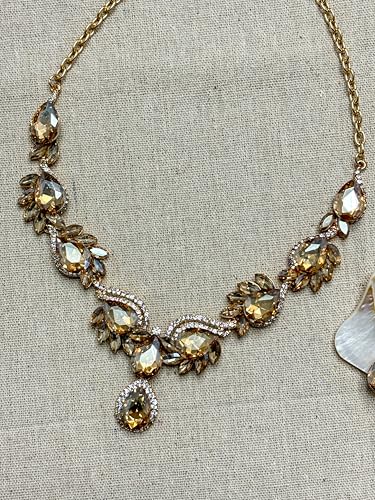 Women Jewelry Set Rhinestone Crystal Bride Statement Choker Necklace Teardrop Cluster Dangle Earrings Set for Wedding Prom Party - color: champagne