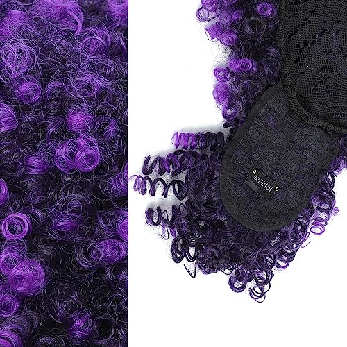Drawstring Ponytail with Bangs Afro Puff Ponytail Extensions for Women Short Curly Puff Ponytail with Bangs Clip in Wrap Updo Hairpiece(Tpurple) - color: Tpurple