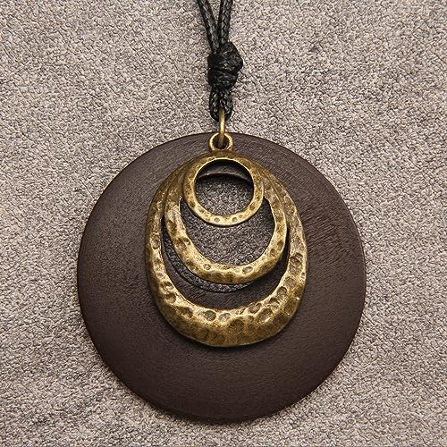 GelConnie Leather Cord Necklace Chain Multilayer Wooden Pendant Necklaces Vintage Jewelry Boho Long Sweater Necklace for Women Men - color: Circle Wooden Necklace