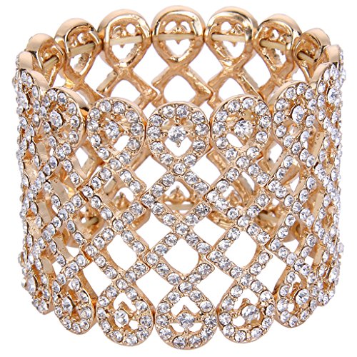 EVER FAITH Art Deco Love Knot Wide Stretch Bridal Bracelet Austrian Crystal - color: Clear Gold-Tone