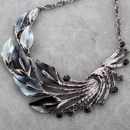 YAZILIND Ethnic Style Tibetan Silver Peacock Crystal Chunky Bib Earrings Necklace Set Wedding Party - color: Black