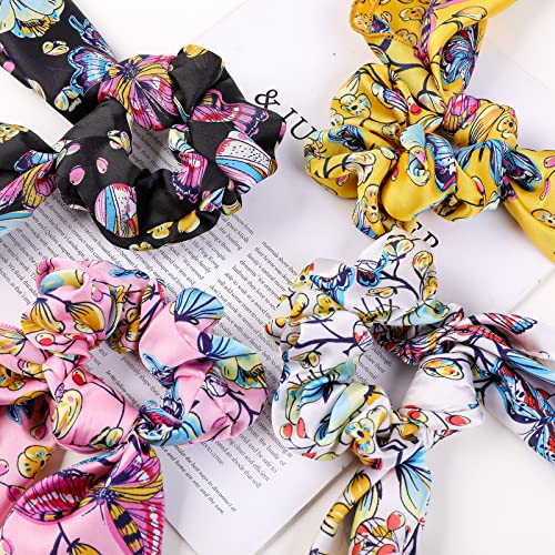 Butterfly Scrunchies - Vivid Silk Hair Accessories with Colorful Scarves, Ribbons, Elastics, Bandanas, Bows and Bands for Women and Girls (6PCS) | Hair Scarves,Hair Scrunchie with Tails,Hair Bows,Scarf Ponytail Band,Hair Accessories for Women,2 in 1 - col