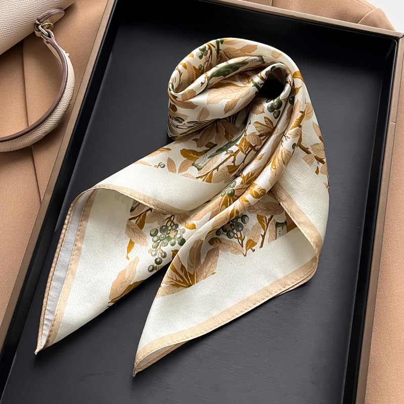 MEISEE 100% Pure Mulberry Silk Scarf 21" Square Scarf Neckerchief Headscarf Breathable Lightweight for Women Gift Packed - color: M3 White Khaki Floral