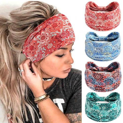 FULZTEY Boho Headbands for Women Fashion Floral Headwraps Knotted Wide Hairbands Large African Bandana Elastic Workout Yoga Sweat Head Band Cotton Thick Turban Cute Hair Accessories 4Pcs - color: Style 109