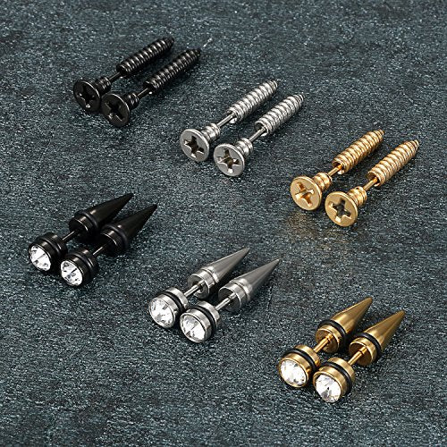 Aroncent 12PCS Stainless Steel Fake Tapers Mens Earrings Illusion Tunnel Cheater Piercing Jewelry Set for Men Women - color: A4-1