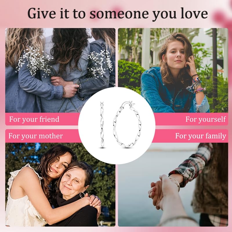 Parmuz 925 Sterling Silver Earrings Hoops for Women Ladies Simple Lightweight Twisted Medium Hoop Earrings With Cubic Zirconia Hypoallergenic Jewelry for Her - color: grey