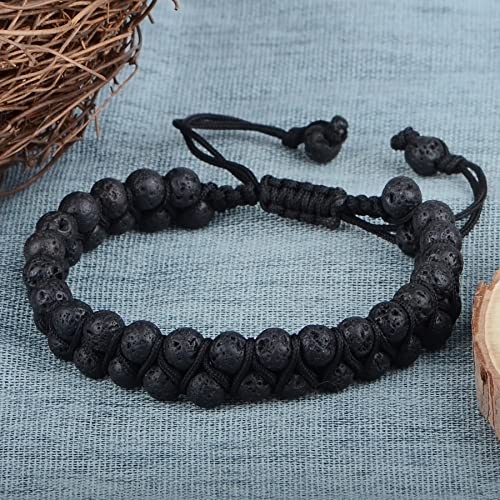 MASSIVE BEADS Double Layer Natural Chakra Healing Power Crystals Macrame Bracelet Yoga Stone Beads Gemstone Meditation Relax Anxiety Bangle for Unisex Women Men - color: Black Lava, size: 4mm