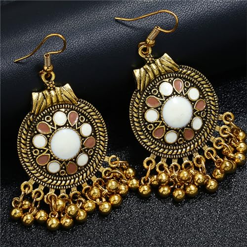 Vintage Boho Statement Drop Dangle Earrings for Women Bohemian Ethnic Handmade Beaded Charms Earring Bohemian Retro Chandelier Tassel Earrings Mexico Gypsy Jewelry Gift - color: Gold Round White