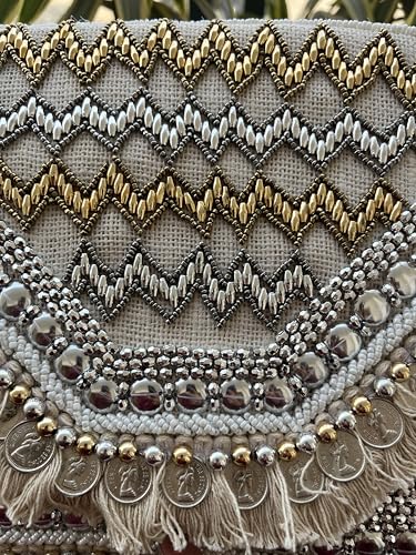 Handcrafted Boho Clutch Purse, Beaded Geometric Pattern with Fringe, Crossbody Evening Bag - color: Taupe and Gold